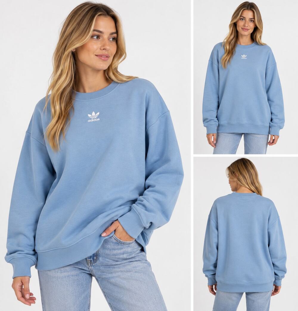 Adidas Originals Essentials Fleece Oversized Crew Sweatshirt S Ash Blue NWT
